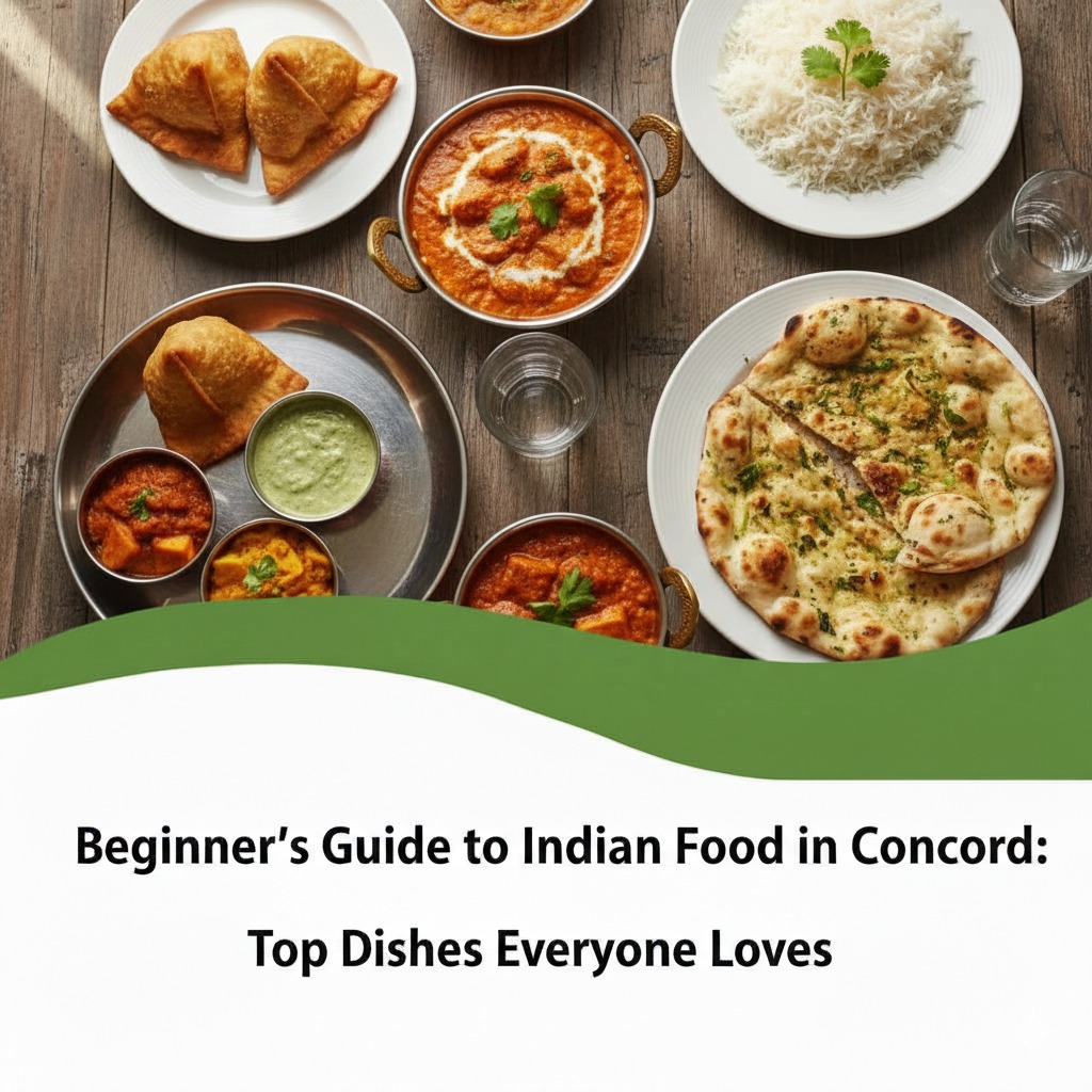 Popular Indian dishes including naan, curry, samosas, and rice for beginners in Concord