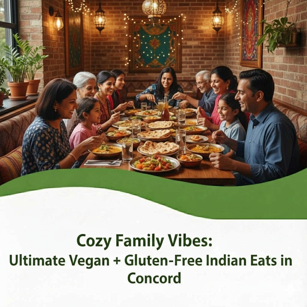 Family enjoying vegan and gluten-free Indian food at a cozy restaurant in Concord