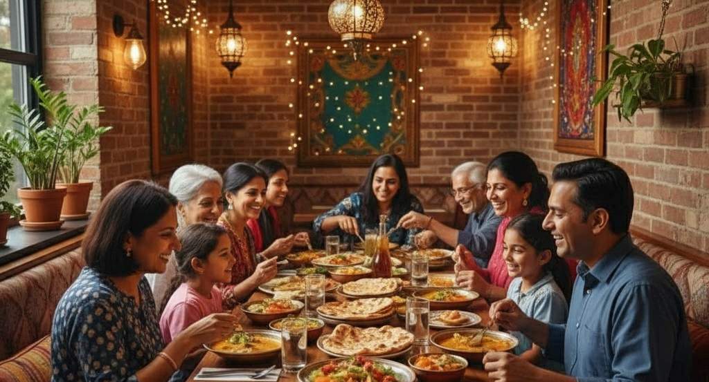 Family enjoying a meal together at an Indian restaurant